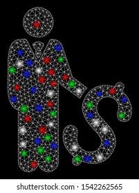 Bright mesh investor with glare effect. White wire carcass triangular mesh in vector format on a black background. Abstract 2d mesh created from polygonal grid, dots, colorful glare spots.
