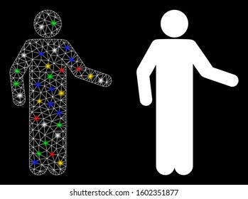 Bright mesh invitation pose icon with sparkle effect. Abstract illuminated model of invitation pose. Shiny wire carcass polygonal mesh invitation pose icon. Vector abstraction on a black background.