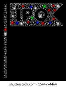 Bright mesh IPO flag with lightspot effect. White wire frame polygonal mesh in vector format on a black background. Abstract 2d mesh designed with polygonal grid, points, colored flash spots.