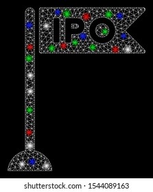 Bright mesh IPO flag marker with lightspot effect. White wire carcass triangular mesh in vector format on a black background. Abstract 2d mesh designed with triangular lines, round dots,
