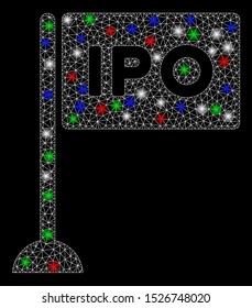 Bright mesh IPO rectangle flag with lightspot effect. White wire frame polygonal mesh in vector format on a black background. Abstract 2d mesh created from polygonal grid, dots, colored glare spots.