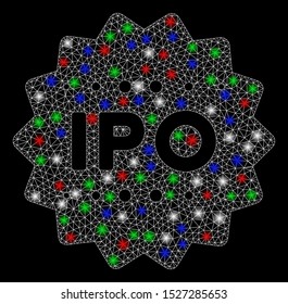 Bright mesh IPO token with lightspot effect. White wire frame triangular mesh in vector format on a black background. Abstract 2d mesh designed with polygonal grid, spheric points,