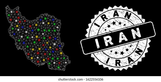 Bright mesh Iran map with lightspot effect, and watermark. Wire frame triangular Iran map mesh in vector format on a black background. White round stamp with grunged texture.