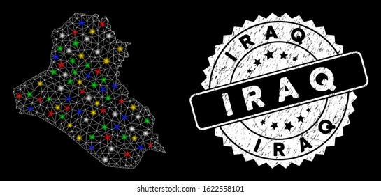 Bright mesh Iraq map with lightspot effect, and rubber print. Wire carcass triangular Iraq map network in vector format on a black background. White round rubber seal with grunge surface.