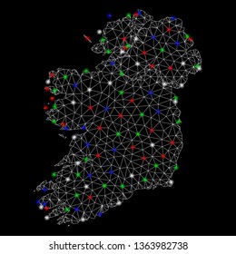 Bright mesh Ireland countries map with lightspot effect. Wire frame triangular network in vector format on a black background. Abstract 2d mesh designed with triangular lines, points,