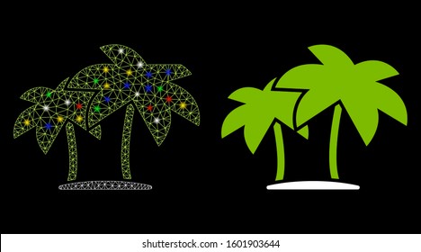 Bright mesh island palms icon with glare effect. Abstract illuminated model of island palms. Shiny wire frame triangular mesh island palms icon. Vector abstraction on a black background.