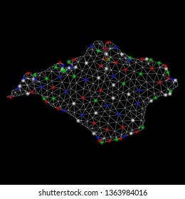 Bright mesh Isle of Wight map with glare effect. Wire frame triangular mesh in vector format on a black background. Abstract 2d mesh built from triangular lines, small circle, colorful flare spots.