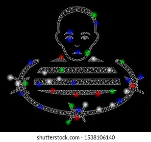Bright mesh isolated prisoner with glow effect. White wire frame polygonal mesh in vector format on a black background. Abstract 2d mesh designed with triangular lines, round dots,