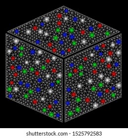Bright mesh isometric cube with glow effect. White wire frame triangular mesh in vector format on a black background. Abstract 2d mesh designed with triangular lines, small circle,