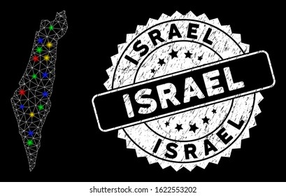Bright mesh Israel map with glare effect, and rubber print. Wire frame triangular Israel map mesh in vector format on a black background. White round rubber stamp with grunge textures.