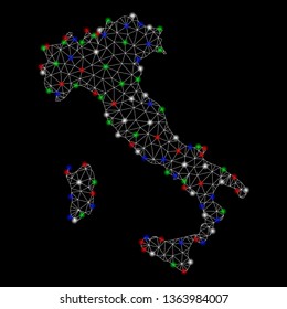 Bright mesh Italy map with glare effect. Wire carcass polygonal network in vector format on a black background. Abstract 2d mesh designed with triangles, points, colorful glare spots.