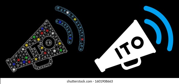 Bright mesh ITO alert megaphone icon with lightspot effect. Abstract illuminated model of ITO alert megaphone. Shiny wire carcass polygonal mesh ITO alert megaphone icon.