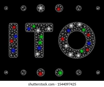 Bright mesh ITO caption with glow effect. White wire frame triangular mesh in vector format on a black background. Abstract 2d mesh designed with triangular lines, small circle, colored glare spots.
