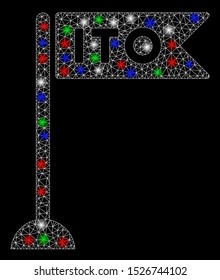 Bright mesh ITO flag marker with lightspot effect. White wire carcass triangular mesh in vector format on a black background. Abstract 2d mesh designed with triangles, round dots,