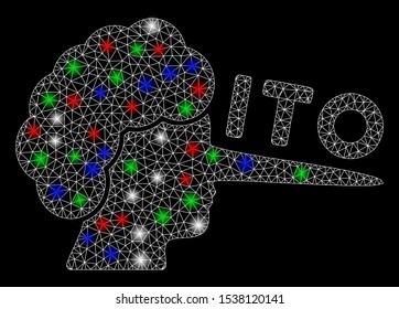 Bright mesh ITO lier with glare effect. White wire frame polygonal mesh in vector format on a black background. Abstract 2d mesh designed with triangular lines, small circle, colorful glare spots.