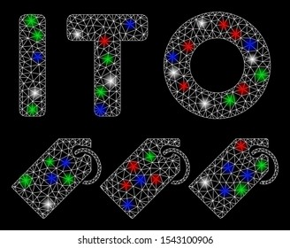 Bright mesh ITO tokens with glow effect. White wire carcass triangular mesh in vector format on a black background. Abstract 2d mesh created from triangular lines, spheric points, colored flash spots.