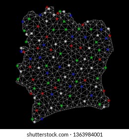 Bright mesh Ivory Coast map with glare effect. Wire frame polygonal mesh in vector format on a black background. Abstract 2d mesh built from polygonal grid, round dots, colorful flash spots.