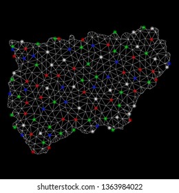 Bright mesh Jaen Spanish Province map with lightspot effect. Wire frame polygonal mesh in vector format on a black background. Abstract 2d mesh designed with triangular lines, dots,