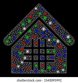 Bright mesh jail with lightspot effect. White wire frame triangular mesh in vector format on a black background. Abstract 2d mesh designed with triangular lines, small circle, colorful light spots.
