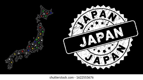Bright mesh Japan map with glare effect, and stamp. Wire carcass triangular Japan map mesh in vector format on a black background. White round seal stamp with distress textures.