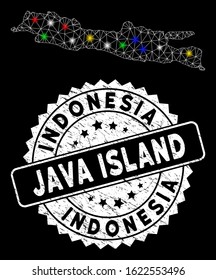 Bright mesh Java Island map with glare effect, and seal stamp. Wire frame polygonal Java Island map mesh in vector format on a black background. White round seal with rubber surface.