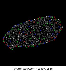 Bright mesh Jeju Island map with lightspot effect. Wire frame polygonal mesh in vector format on a black background. Abstract 2d mesh designed with polygonal grid, small circle, colored light spots.
