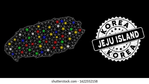 Bright mesh Jeju Island map with lightspot effect, and seal. Wire frame polygonal Jeju Island map mesh in vector format on a black background. White round rubber seal with scratched texture.