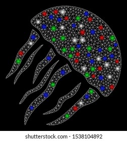 Bright mesh jellyfish with lightspot effect. White wire frame triangular mesh in vector format on a black background. Abstract 2d mesh designed with triangles, spheric points, colorful glare spots.