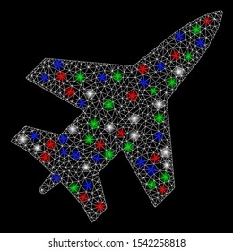 Bright mesh jet fighter with glare effect. White wire frame polygonal mesh in vector format on a black background. Abstract 2d mesh created from polygonal grid, spheric points, colored flash spots.