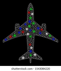 Bright mesh jet plane with glare effect. White wire carcass triangular mesh in vector format on a black background. Abstract 2d mesh created from triangular lines, spheric points,