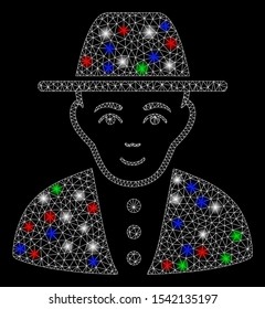 Bright mesh jew with glare effect. White wire frame triangular mesh in vector format on a black background. Abstract 2d mesh designed with triangular lines, small circle, colorful glare spots.