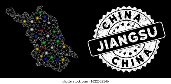 Bright mesh Jiangsu Province map with glow effect, and seal stamp. Wire frame polygonal Jiangsu Province map mesh in vector format on a black background. White round rubber seal with rubber surface.