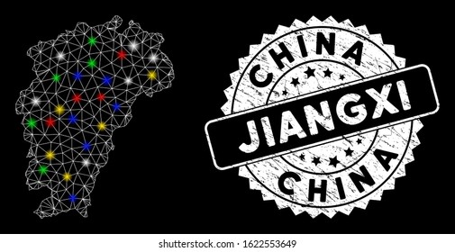 Bright mesh Jiangxi Province map with glare effect, and seal stamp. Wire carcass triangular Jiangxi Province map mesh in vector format on a black background.