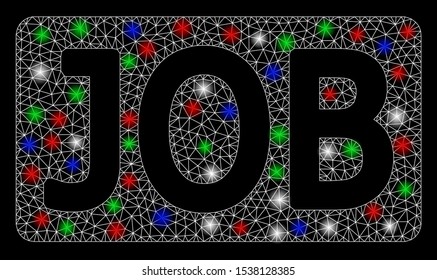 Bright mesh job caption with glow effect. White wire carcass triangular mesh in vector format on a black background. Abstract 2d mesh designed with triangular lines, points, colorful light spots.