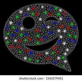 Bright mesh joke smiley message with lightspot effect. White wire frame triangular mesh in vector format on a black background. Abstract 2d mesh designed with triangles, small circle,
