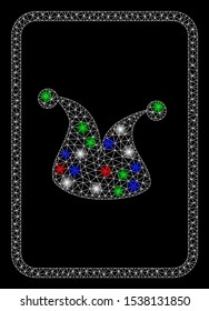 Bright mesh joker gambling card with glow effect. White wire carcass triangular mesh in vector format on a black background. Abstract 2d mesh designed with triangles, points, colored flash spots.