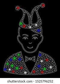 Bright mesh joker with glare effect. White wire carcass polygonal mesh in vector format on a black background. Abstract 2d mesh designed with triangular lines, dots, colored light spots.