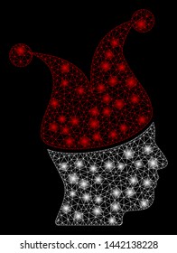 Bright mesh joker guy with glitter effect. Abstract illuminated model of joker guy icon. Shiny wire frame triangular mesh joker guy. Vector abstraction on a black background.