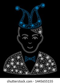 Bright mesh joker with sparkle effect. Abstract illuminated model of joker icon. Shiny wire carcass polygonal mesh joker. Vector abstraction on a black background.
