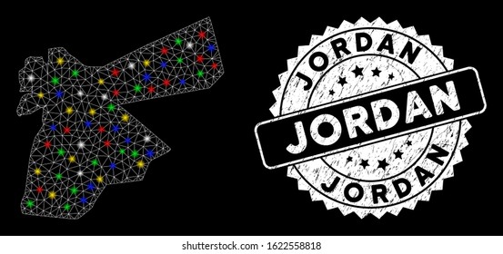 Bright mesh Jordan map with glow effect, and seal. Wire carcass triangular Jordan map mesh in vector format on a black background. White round rubber seal with rubber surface.