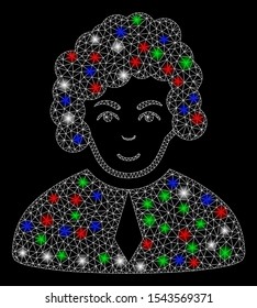 Bright mesh judge with glare effect. White wire carcass polygonal mesh in vector format on a black background. Abstract 2d mesh designed with polygonal grid, dots, colorful flare spots.