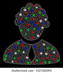 Bright mesh judge profession with lightspot effect. White wire carcass triangular mesh in vector format on a black background. Abstract 2d mesh designed with triangular lines, dots,