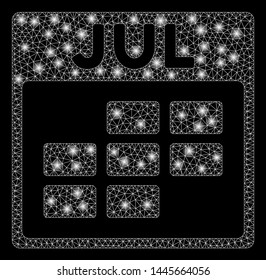 Bright mesh July calendar grid with glitter effect. Abstract illuminated model of July calendar grid icon. Shiny wire frame polygonal mesh July calendar grid. Vector abstraction on a black background.
