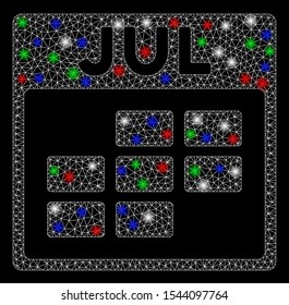 Bright mesh July calendar grid with glare effect. White wire frame triangular mesh in vector format on a black background. Abstract 2d mesh designed with polygonal grid, round dots,