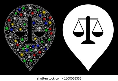 Bright mesh justice weight marker icon with glare effect. Abstract illuminated model of justice weight marker. Shiny wire frame triangular mesh justice weight marker icon.