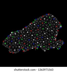 Bright mesh Kahoolawe Island map with glow effect. Wire carcass triangular mesh in vector format on a black background. Abstract 2d mesh designed with triangular lines, dots, colorful flare spots.