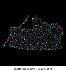 Bright mesh Kaliningrad Region map with lightspot effect. Wire frame polygonal network in vector format on a black background. Abstract 2d mesh designed with polygonal grid, points,