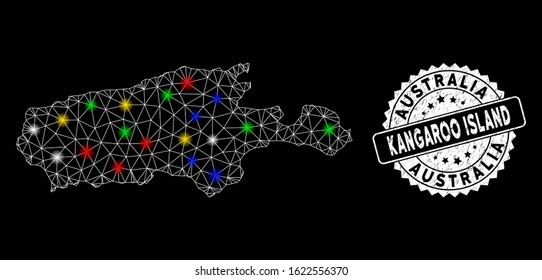 Bright mesh Kangaroo Island map with glare effect, and seal. Wire frame triangular Kangaroo Island map mesh in vector format on a black background. White round stamp with scratched textures.