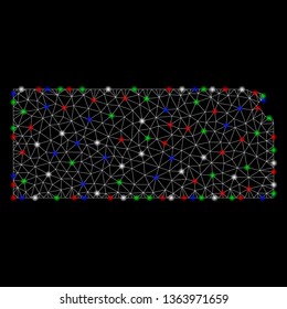 Bright mesh Kansas State map with lightspot effect. Wire frame triangular mesh in vector format on a black background. Abstract 2d mesh built from triangular lines, round dots, colored glare spots.
