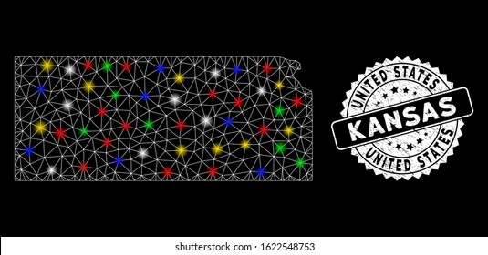 Bright mesh Kansas State map with glare effect, and seal stamp. Wire carcass triangular Kansas State map mesh in vector format on a black background. White round rubber stamp with distress surface.